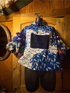 Blue Patterned Puff-Sleeve Blouse with Statement Panel
